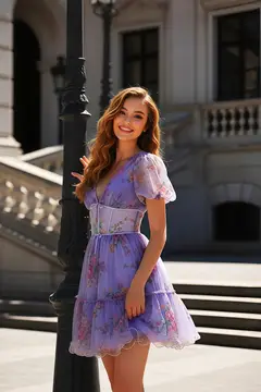 Lavender Floral Tulle V-Neck Mini Homecoming Dress — view 2