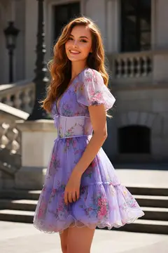 Lavender Floral Tulle V-Neck Mini Homecoming Dress — view 3