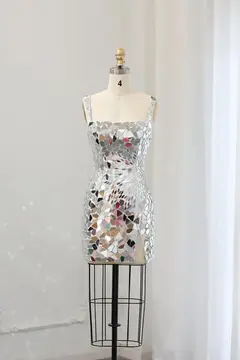 Silver Mosaic Mirror Tile Square Neck Sheath Homecoming Dress — view 3