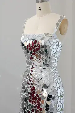 Silver Mosaic Mirror Tile Square Neck Sheath Homecoming Dress — view 4
