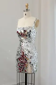 Silver Mosaic Mirror Tile Square Neck Sheath Homecoming Dress — view 5