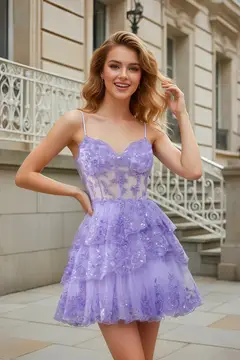 Royal Blue Sequin Tiered Tulle Fit-and-Flare Mini Homecoming Dress — view 7