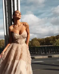 Glamorous Champagne Multi-Layer Tulle Floral Beaded Strapless Midi Homecoming Dress — view 2