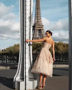 Glamorous Champagne Multi-Layer Tulle Floral Beaded Strapless Midi Homecoming Dress — view 4