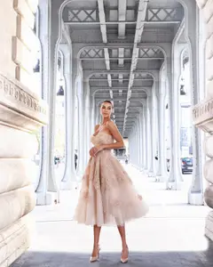 Glamorous Champagne Multi-Layer Tulle Floral Beaded Strapless Midi Homecoming Dress — view 5