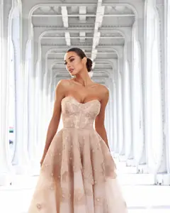 Glamorous Champagne Multi-Layer Tulle Floral Beaded Strapless Midi Homecoming Dress — view 6