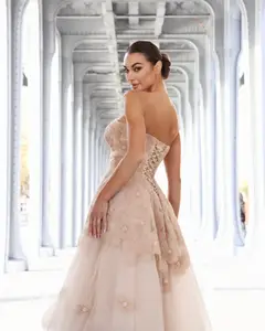 Glamorous Champagne Multi-Layer Tulle Floral Beaded Strapless Midi Homecoming Dress — view 7