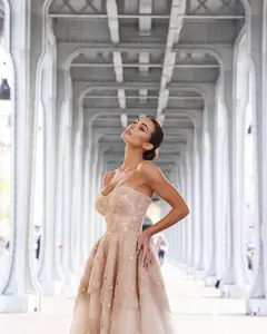 Glamorous Champagne Multi-Layer Tulle Floral Beaded Strapless Midi Homecoming Dress — view 8