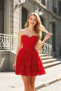Red Strapless Tiered Ruffled Mini Homecoming Dress — view 4