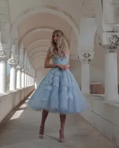 Elegant Blue Strapless Lace-Up Corset 3D Floral Midi Ballgown Homecoming Dress — view 4