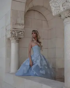 Elegant Blue Strapless Lace-Up Corset 3D Floral Midi Ballgown Homecoming Dress — view 5