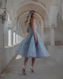 Elegant Blue Strapless Lace-Up Corset 3D Floral Midi Ballgown Homecoming Dress — view 6