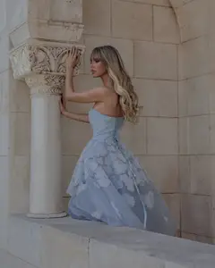 Elegant Blue Strapless Lace-Up Corset 3D Floral Midi Ballgown Homecoming Dress — view 7
