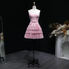 Blush Pink Strapless Tiered Tulle Homecoming Dress with Rhinestones & Bow — view 3