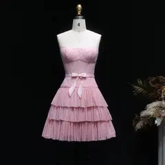 Blush Pink Strapless Tiered Tulle Homecoming Dress with Rhinestones & Bow — view 4