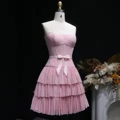 Blush Pink Strapless Tiered Tulle Homecoming Dress with Rhinestones & Bow — view 5