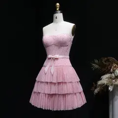 Blush Pink Strapless Tiered Tulle Homecoming Dress with Rhinestones & Bow — view 6