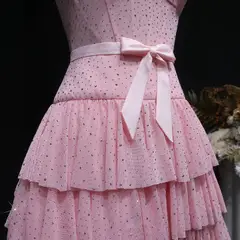 Blush Pink Strapless Tiered Tulle Homecoming Dress with Rhinestones & Bow — view 8