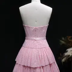 Blush Pink Strapless Tiered Tulle Homecoming Dress with Rhinestones & Bow — view 10