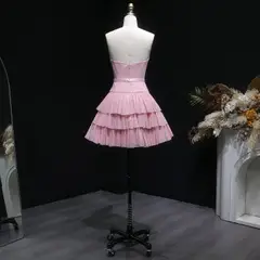 Blush Pink Strapless Tiered Tulle Homecoming Dress with Rhinestones & Bow — view 11