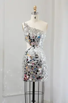 Silver Mosaic Mirror One-Shoulder Sheath Mini Homecoming Dress — view 5