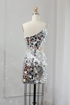 Silver Mosaic Mirror One-Shoulder Sheath Mini Homecoming Dress — view 6