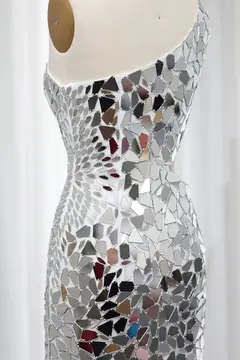 Silver Mosaic Mirror One-Shoulder Sheath Mini Homecoming Dress — view 9