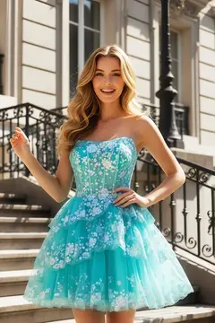 Turquoise Tulle Strapless Tiered Fit-and-Flare Mini Homecoming Dress — view 2