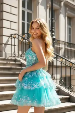 Turquoise Tulle Strapless Tiered Fit-and-Flare Mini Homecoming Dress — view 3