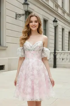 Blush Pink Floral Lace Cold-Shoulder Ballgown Homecoming Dress — view 1