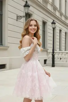 Blush Pink Floral Lace Cold-Shoulder Ballgown Homecoming Dress — view 2