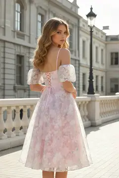 Blush Pink Floral Lace Cold-Shoulder Ballgown Homecoming Dress — view 3