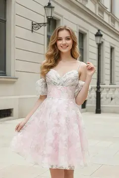Blush Pink Floral Lace Cold-Shoulder Ballgown Homecoming Dress — view 4