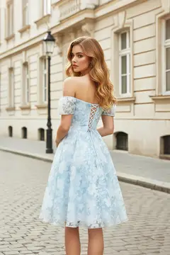 Blush Pink Floral Lace Cold-Shoulder Ballgown Homecoming Dress — view 6