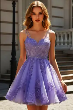 Lavender Lilac Lace Tulle Mini Ballgown Homecoming Dress — view 3