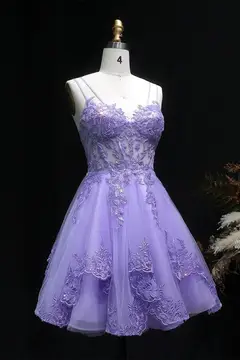 Lavender Lilac Lace Tulle Mini Ballgown Homecoming Dress — view 6