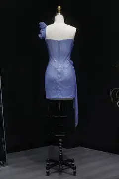 Light Blue Ruched Sequin Off-the-Shoulder Homecoming Dress — view 13