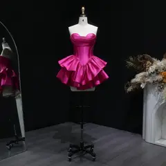 Fuchsia Sweetheart Satin Corset Short Homecoming Dress with Layered Ruffle Skirt — view 5