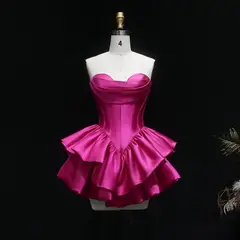 Fuchsia Sweetheart Satin Corset Short Homecoming Dress with Layered Ruffle Skirt — view 6