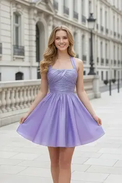 Lavender Satin Halter Neck Fit-and-Flare Mini Homecoming Dress — view 4