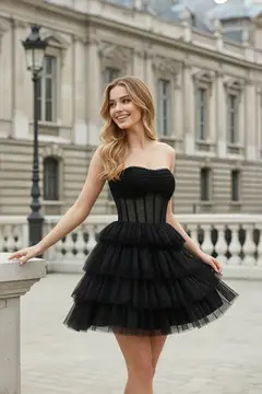 Black Sequin Tiered Tulle Strapless Flare Mini Homecoming Dress — view 3
