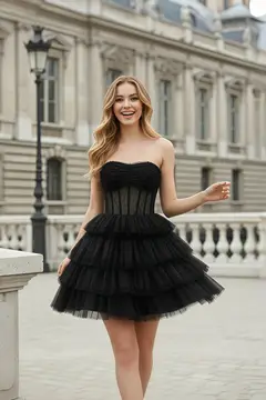 Black Sequin Tiered Tulle Strapless Flare Mini Homecoming Dress — view 4