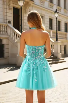 Turquoise Tulle Halter Neck Mini Homecoming Dress — view 3