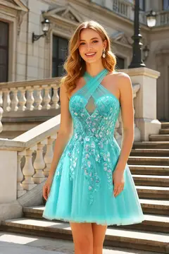 Turquoise Tulle Halter Neck Mini Homecoming Dress — view 4