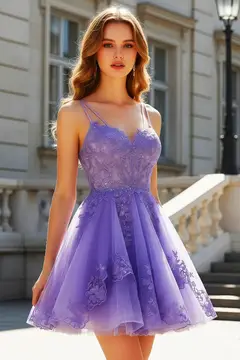 Lavender Lace Appliqué Tulle Homecoming Dress with Spaghetti Straps — view 1
