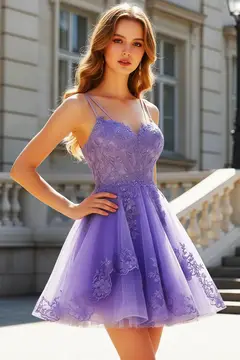 Lavender Lace Appliqué Tulle Homecoming Dress with Spaghetti Straps — view 4