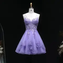 Lavender Lace Appliqué Tulle Homecoming Dress with Spaghetti Straps — view 5
