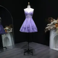 Lavender Lace Appliqué Tulle Homecoming Dress with Spaghetti Straps — view 6