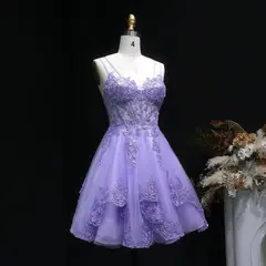 Lavender Lace Appliqué Tulle Homecoming Dress with Spaghetti Straps — view 7