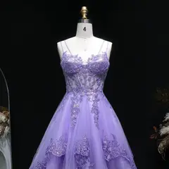 Lavender Lace Appliqué Tulle Homecoming Dress with Spaghetti Straps — view 8